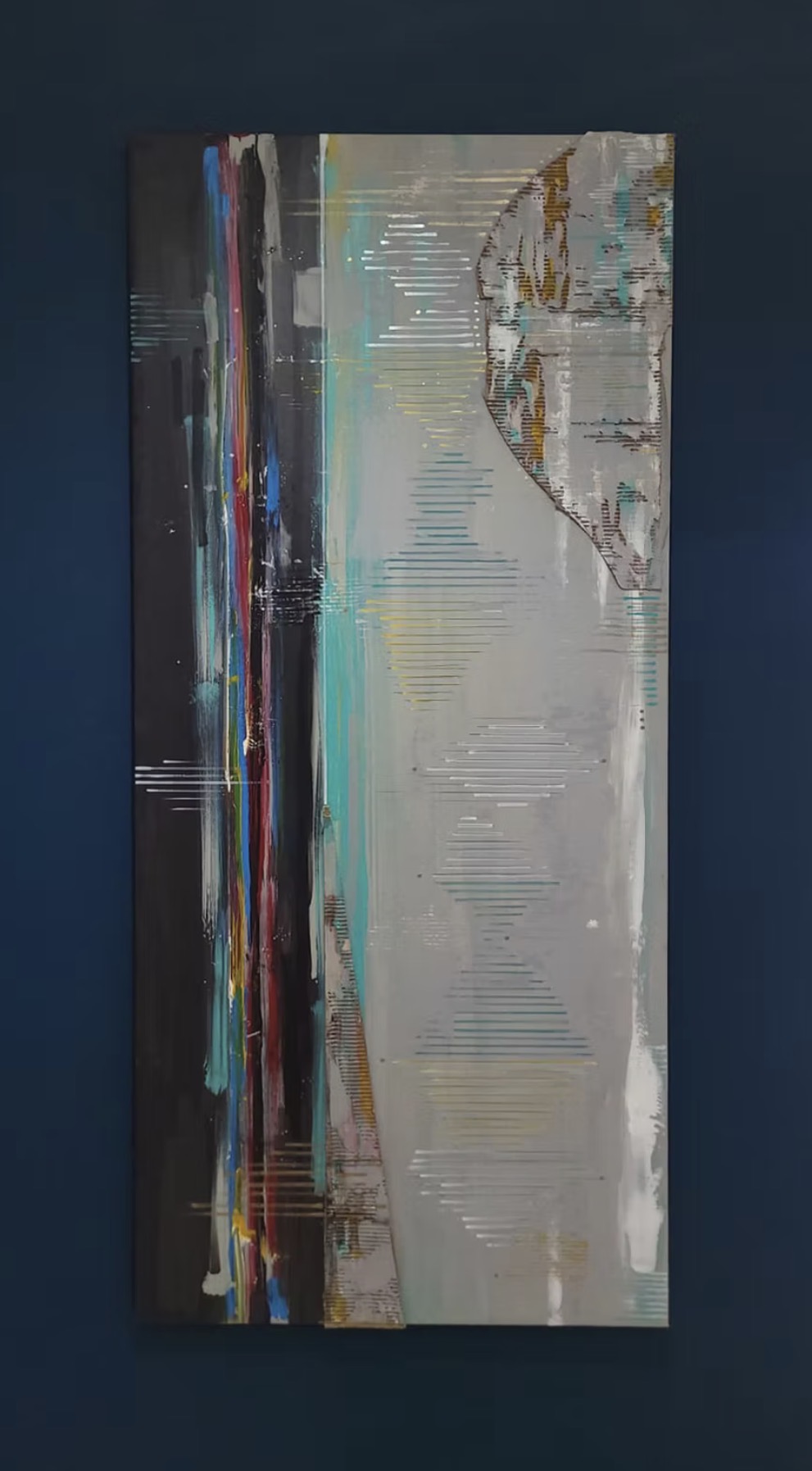 Abstract painting with vertical color streaks, fine gold lines, and turquoise accents on grey