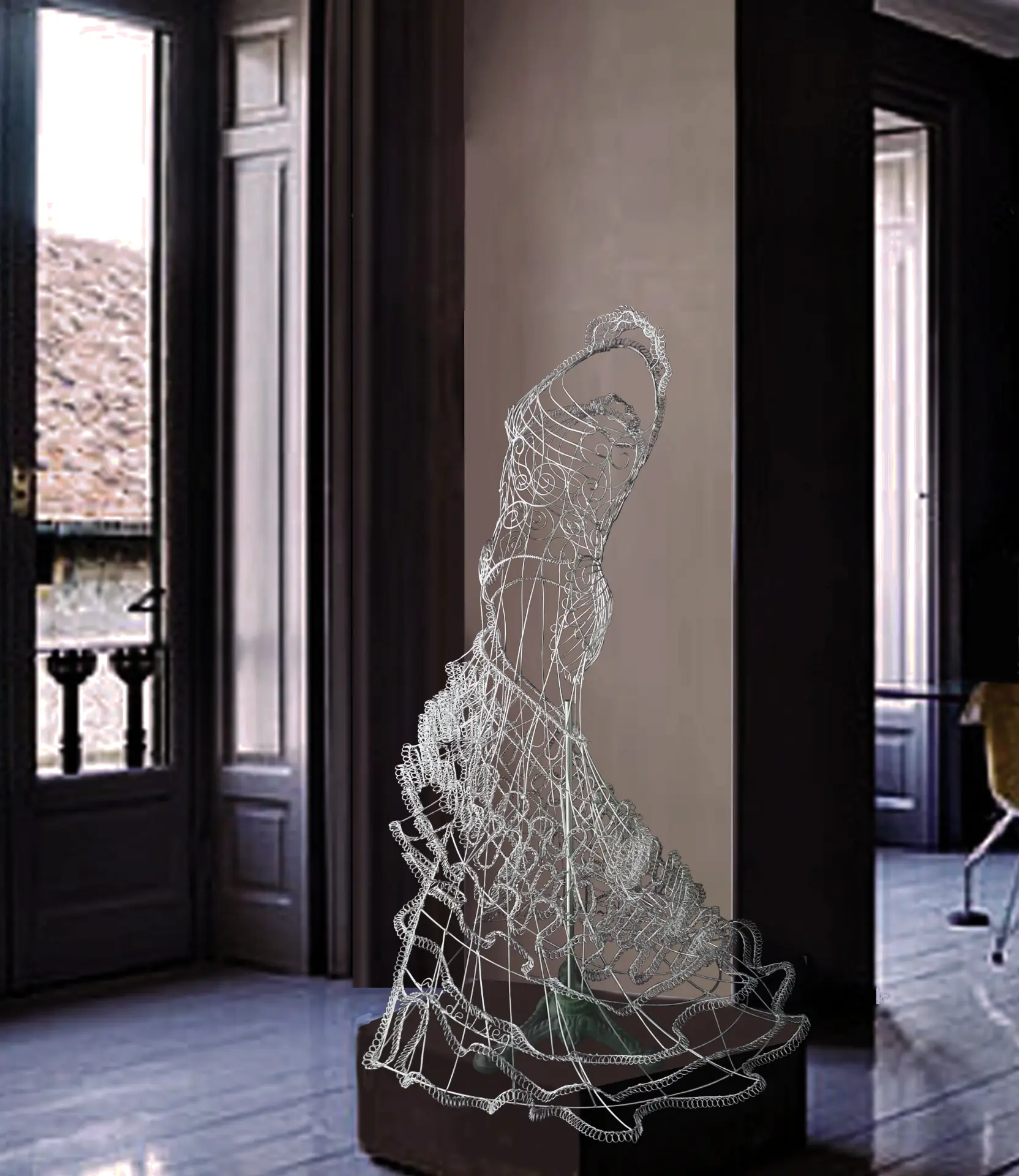 Wire sculpture of a ruffled flamenco dress on a pedestal in a classical interior