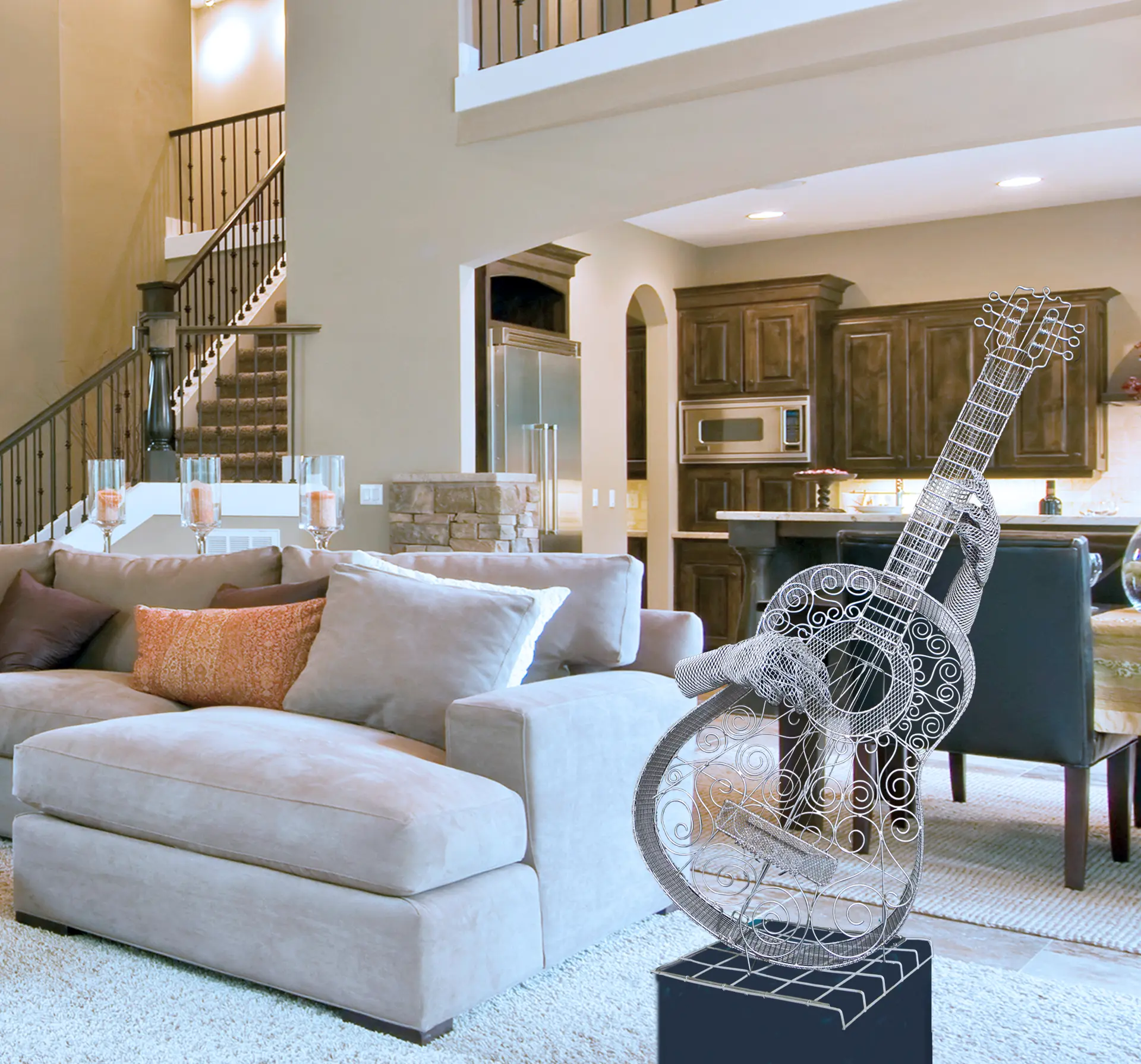 Wire-mesh guitar sculpture being played by sculpted hands in a residential living room