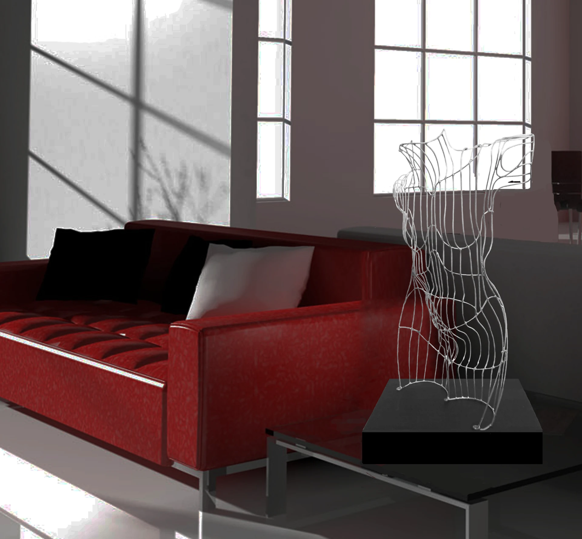 Wire Venus torso sculpture beside a red sofa in a sunlit interior