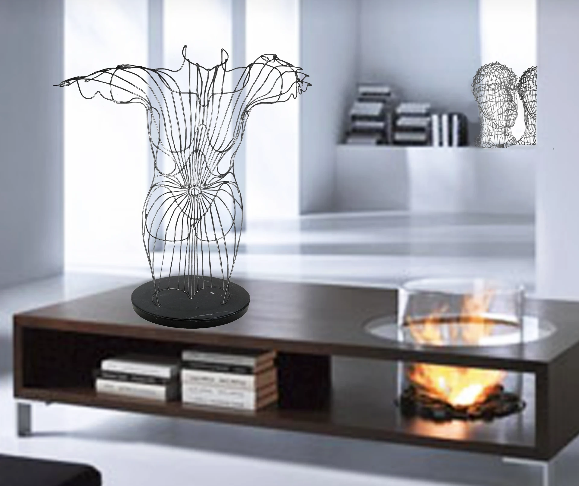 Wire torso sculpture with outstretched arms on a black marble base in a modern living room