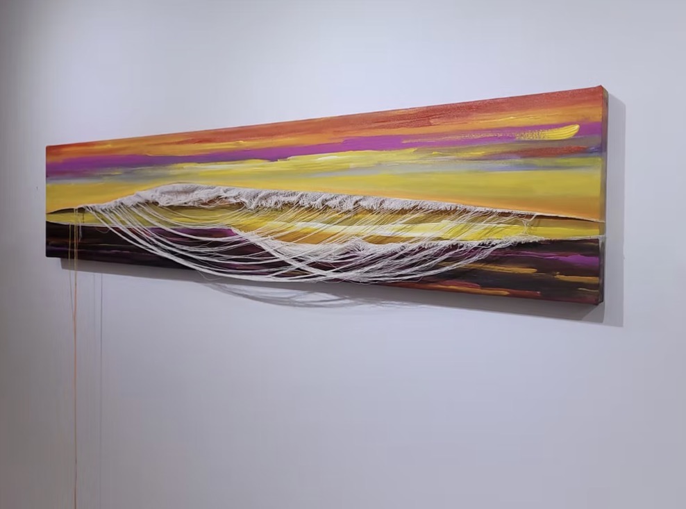 Horizontal sunset-toned painting with cascading white threads across the canvas