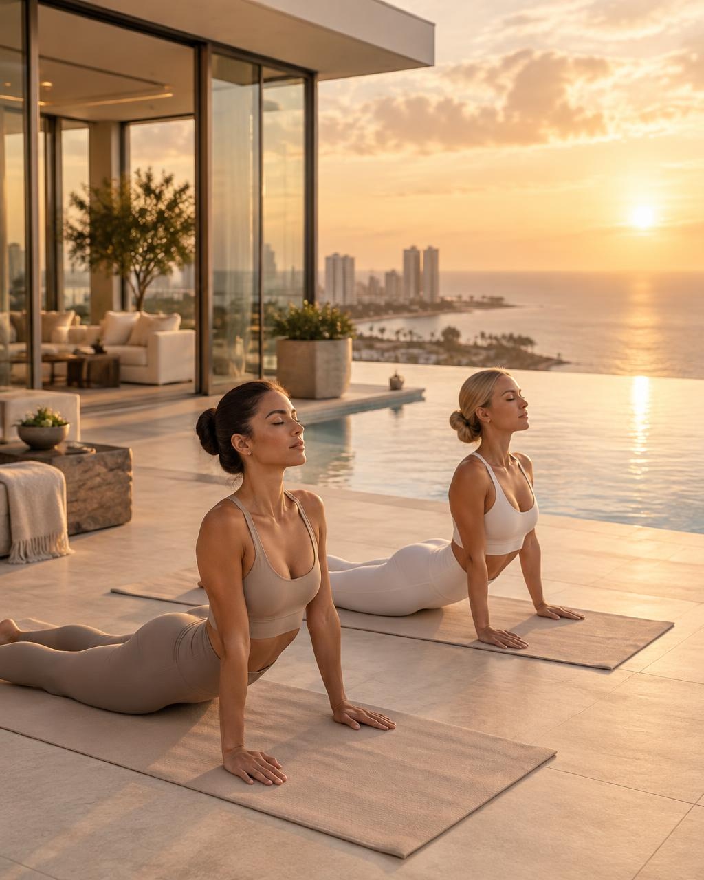 Sunrise yoga on a luxury rooftop terrace above the ocean